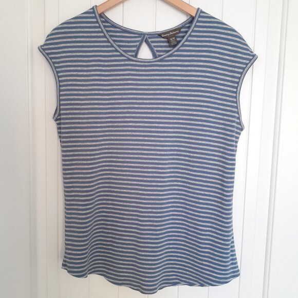 Tommy Bahama Cap Sleeve Cotton Striped Tee Keyhole Back Blue Gray Size M - Picture 1 of 10